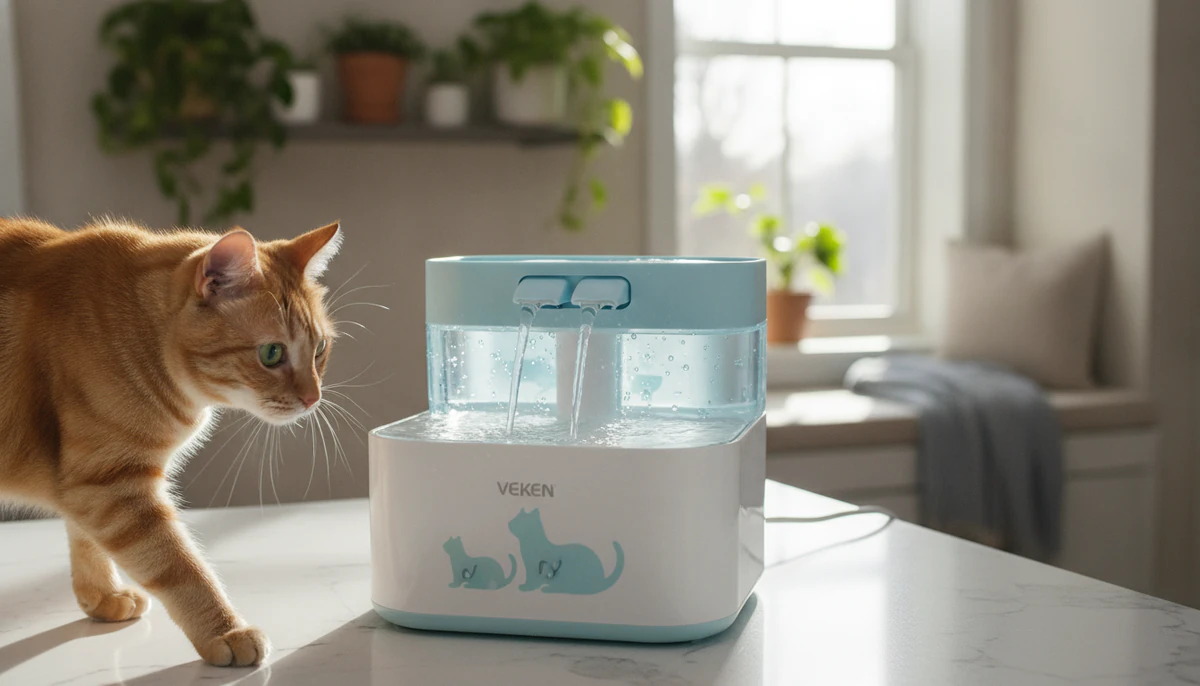 Cat drinking from a Veken water fountain